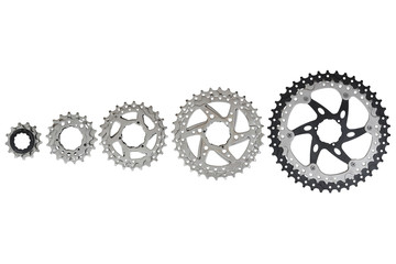 Closeup of mountain bike chain rings - a 10 speed cassette isolated on white background