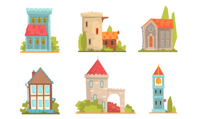 Collection of old stone buildings. Vector illustration.