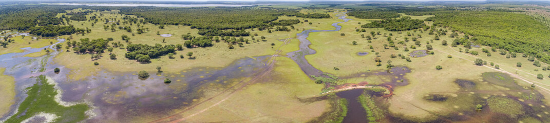 Aerial panorama of typical Pantanal Wetlands landscape with lagoons, rivers, meadows and forests,...