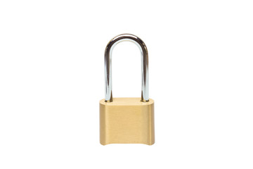 Naklejka premium A brass padlock isolated on white background