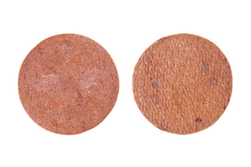 The front side and the back side of chocolate cookies isolated on white background