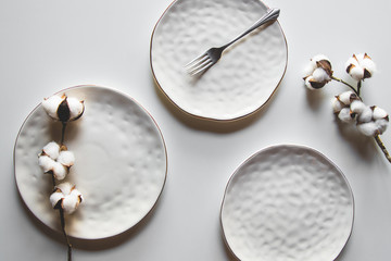 Beautiful plates on a white background with cotton. Beautiful layout