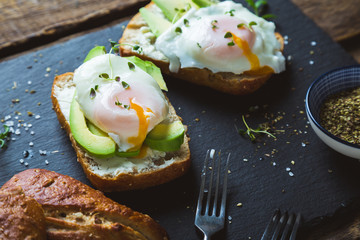 Sandwich with avocado and poached egg