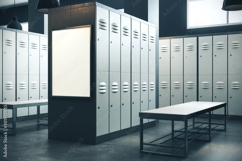 Poster locker room interior with empty frame