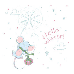 Lovely cute cheerful mouse in a funny scarf, fly with on snowflake with gift.