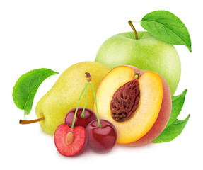 Multi-colored composition with whole and sliced sweet fruits isolated on a white background with clipping path.