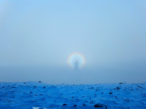 Shadow in clouds surrounded by rainbow, gloriola