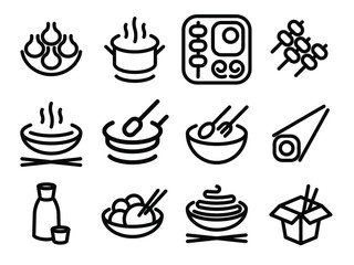 Black and white thin line icon set. Asian food. Vector illustration