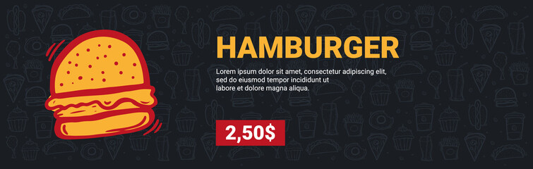 FastFood Menu with Hamburger. Hand draw doodle background.