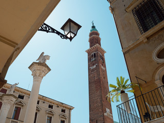 VICENZA, ITALY - AUGUST 13, 2019: Beautiful architecture of the old city street