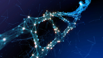 Abstract technological representation a digital plexus DNA molecule in dark blue background. 3d illustration