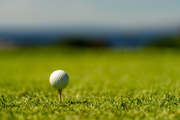 white golf ball on a tee with blurry background
