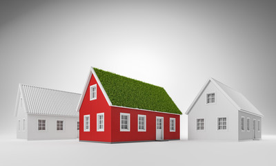 Real estate, green energy, nature friendly concept. Red cozy scandinavian house with grass on the roof and two white houses over white background.