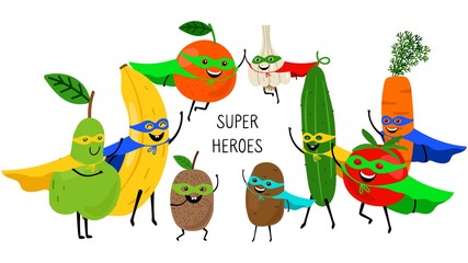 Super vegetables fruits. Superheroes with smiles and masks, carrot tomato banana orange pear isolated on white background. Vector fruits and vegetables, organic products