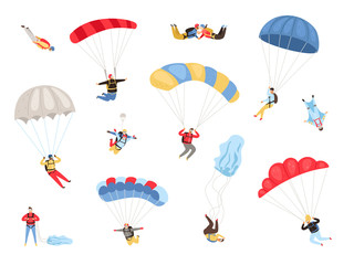 Parachute skydivers. Paraglide and parachute jumping characters on white, paragliders and parachutists vector illustration, skydiver hobby and sport activities