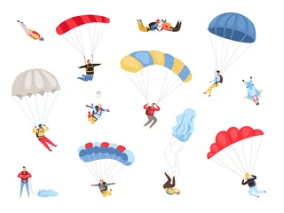 Tuinposter Parachute skydivers. Paraglide and parachute jumping characters on white, paragliders and parachutists vector illustration, skydiver hobby and sport activities © ssstocker