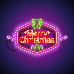 Merry Christmas glowing violet frame neon sign. Greeting card. Vector poster illustration for your holiday projects in retro-futuristic style.