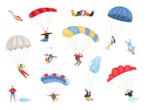 Parachute skydivers. Paraglide and parachute jumping characters on white, paragliders and parachutists vector illustration, skydiver hobby and sport activities