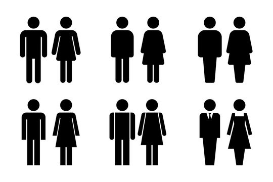 Restroom door pictograms. Woman and man public toilet vector signs, female and male hygiene washrooms symbols, black ladies and gentlemen wc restroom ui