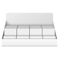 Mockup Display Holder Box Cardboard Filled Blank With Package, Gift, Square Pack. Vitamins, Cosmetic, Perfume, Chocolate. Mock Up, Template. Products On White Background Isolated. Mockup Packing.