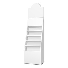 Cardboard Retail Shelves Floor Display Rack For Supermarket Blank Empty. Mock Up. 3D On White Background Isolated. Ready For Your Design. Product Advertising. Vector EPS10