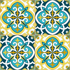 Fototapeta na wymiar Italian tile pattern vector with vintage flowers ornament motif. Portuguese azulejos, mexican talavera, spanish, venetian or sicily majolica design. Ceramic texture for kitchen wallpaper or flooring.