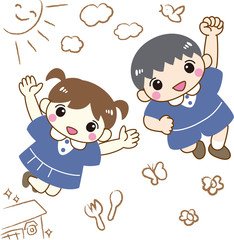 男の子　女の子　子ども　ジャンプ　落書き　背景　元気　幼稚園児　保育園児　制服　