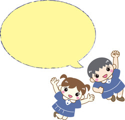 男の子　女の子　子ども　ジャンプ　吹き出し付き　元気　幼稚園児　保育園児　制服