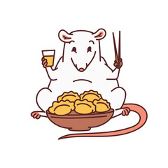 Rat cute mouse eating chopsticks traditional Chinese new year dish and drinking alcoholic drink vector outline cartoon isolated illustration.