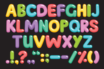 Funny children font with color letters. Colorful alphabet on a black background. Vector illustration.