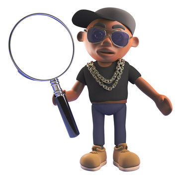 3d cartoon black hiphop emcee rapper in baseball cap holding a magnifying glass, 3d illustration