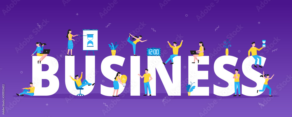 Poster big characters with word business and tiny people working together. abstract gradient and simple sha