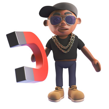 3d cartoon black hiphop rapper emcee in baseball cap holding a magnet, 3d illustration