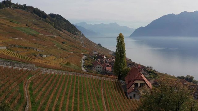 Aerial of small farm agains the backdrop of a Swiss countryside