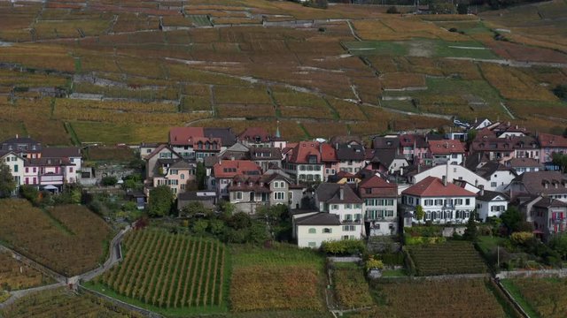 Aerial of small town in rural area. Filmed in Epesses, Switzerland