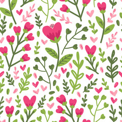 Cute colorful seamless background of floral collection with hand drawn leaves and flowers in doodle style, can be used for spring or summer botanical design