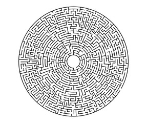 Very hard black vector labyrinth in flat style on an isolated white background. Round maze puzzle. A game for the of logic, intelligence, find the way exit from the circle.