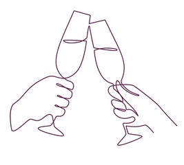 Hands with champagne glasses. Linear mans and womens hand and wine glass. Festive toast, christmas party continuous one line vector drawing