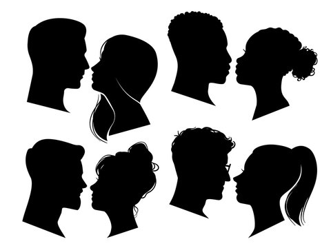 Couple heads in profile. Man and woman silhouettes, black outline face to face anonymous profiles. Avatar portraits vector set