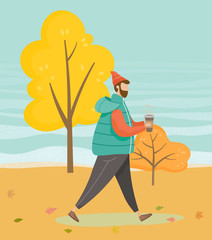 Man walking in forest or wood alone. Guy drinking coffee while strolling through vector lawn. Person in warm clothes like hat and jacket. Beautiful landscape of autumn park, fall weather illustration