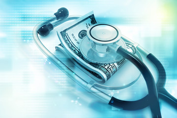 Stethoscope on money. Money in medicine. 3d illustration