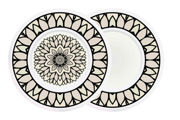 Matching decorative plates for interior designwith floral art deco pattern. Empty dish, porcelain plate mock up design. Vector illustration. White, grey color