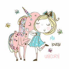 Sweet girl with a magical unicorn. Vector.