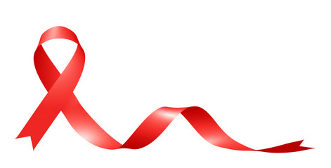 Red ribbon World Cancer Day symbol isolated on white background.