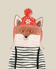 pencil and watercolor drawing of a fox in a winter hat - 301927495