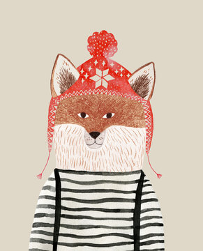 pencil and watercolor drawing of a fox in a winter hat
