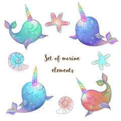 Set of fabulous whales unicorns. Vector. © Olga