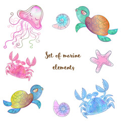 Set of cute sea animals octopus seahorse whale and jellyfish. Vector Watercolor.