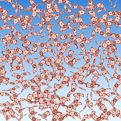 Russian ruble notes falling. Sparse RUB bills on b