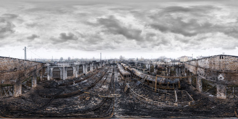 Fototapeta na wymiar historic train hall worms burned down 360 vr panorama
